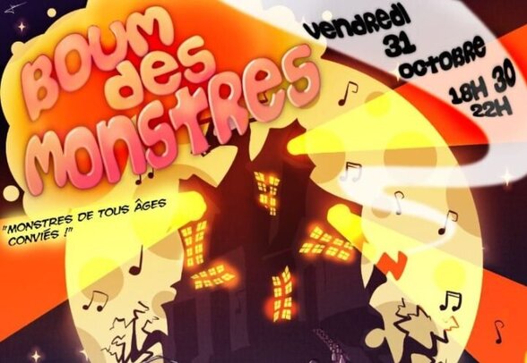 Affiche de l'événement : 31 octobre de 18h30 à 22h, monstres de tous âges conviés, décor Halloween illustré - Agrandir l'image, fenêtre modale