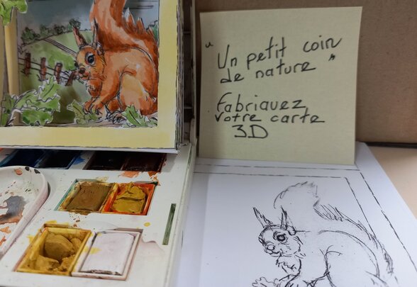 Exemple de carte 3D dépliante avec motif écureuil peint à l'aquarelle, palette de couleurs et esquisse au crayon - Agrandir l'image, fenêtre modale