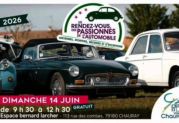 Affiche des Rendez-vous des Passionnés de l'Automobile 2026 à Chauray, avec une MG cabriolet verte au premier plan - Agrandir l'image, fenêtre modale
