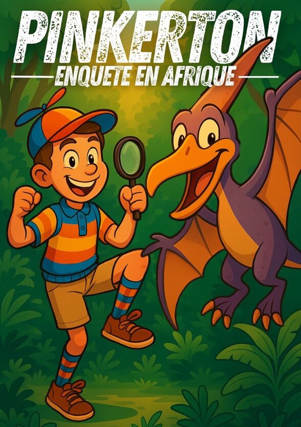 Affiche du spectacle : jeune détective souriant tenant une loupe face à un ptérosaure violet dans une jungle colorée - Agrandir l'image, fenêtre modale