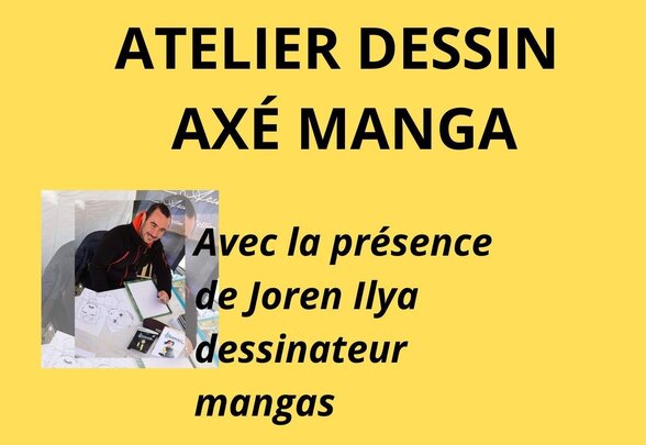 Affiche annonçant l'atelier dessin axé manga du samedi 7 mars à la bibliothèque La Foye-Monjault - Agrandir l'image, fenêtre modale