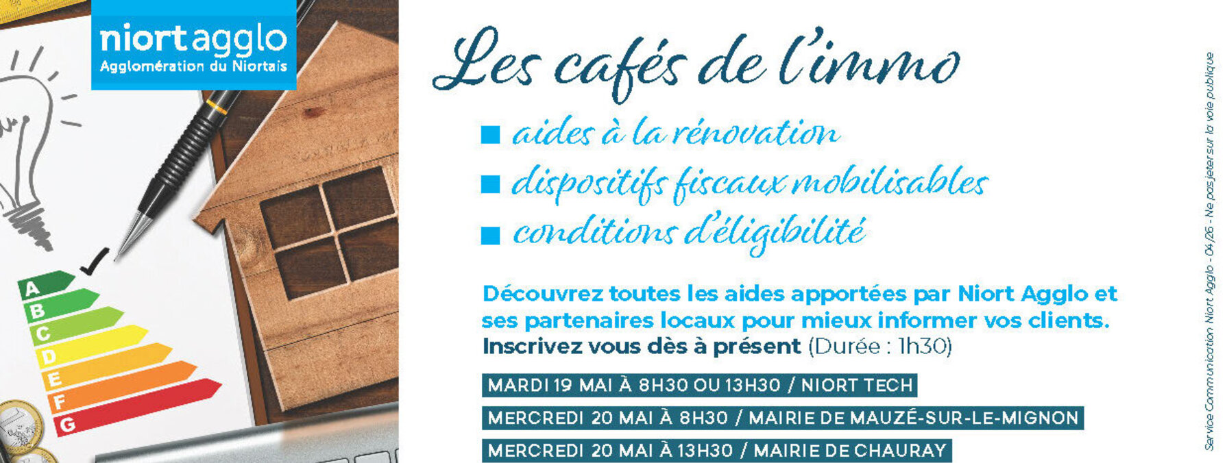 Flyer des Cafés de l'Immo : séances à Niort Tech, Mauzé-sur-le-Mignon et Chauray, inscription via deuxsevres@urbanis.fr