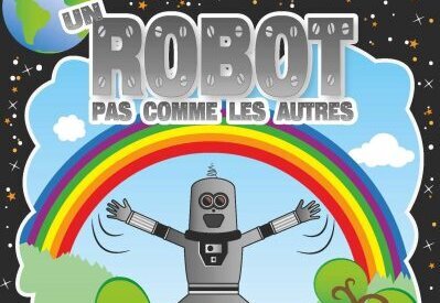 Robot souriant aux bras grands ouverts bondissant devant un arc-en-ciel coloré sur fond de ciel étoilé - Agrandir l'image, fenêtre modale