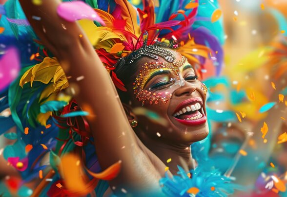 A beautiful young woman is dancing with her face decorated with beautiful feathers, enjoying the carnival celebration. Creative art illustration. - Agrandir l'image, fenêtre modale