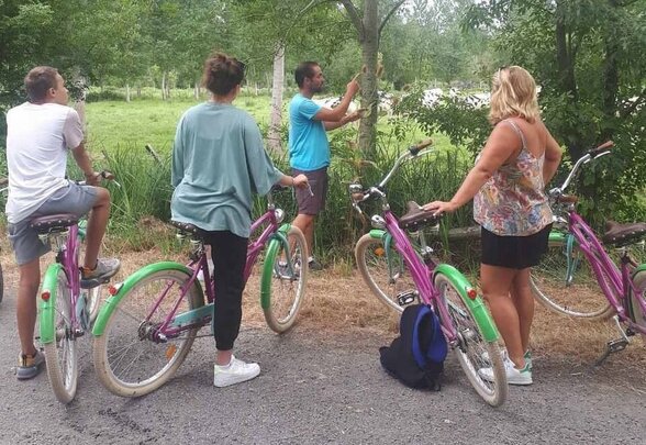 Cyclistes arrêtés le long d'un chemin, un guide montrant la végétation du marais en bordure de canal - Agrandir l'image, fenêtre modale