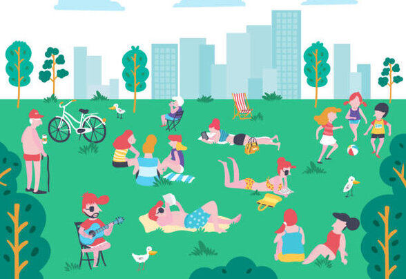 personnes se détendant dans un parc urbain, lisant, jouant de la guitare et profitant du soleil - Agrandir l'image, fenêtre modale