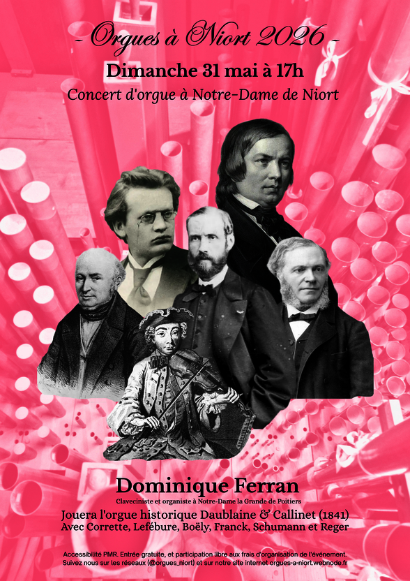Affiche du festival Orgues à Niort 2026 avec portraits des compositeurs au programme, sur fond de tuyaux d'orgue - Agrandir l'image, fenêtre modale