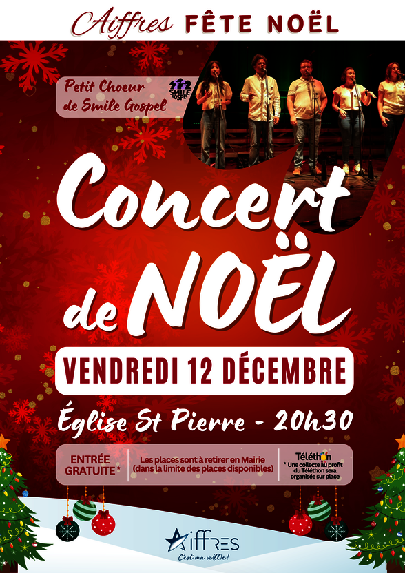 Affiche du concert avec chanteurs en scène et collecte au profit du Téléthon organisée sur place - Agrandir l'image, fenêtre modale