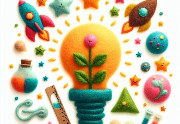Composition ludique en feutrine colorée : ampoule avec plante, fusées, étoiles et tubes à essai symbolisant la curiosité enfantine - Agrandir l'image, fenêtre modale