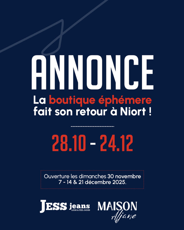 Affiche annonçant les ouvertures dominicales les 30 nov., 7, 14 et 21 décembre 2025 à Niort - Agrandir l'image, fenêtre modale
