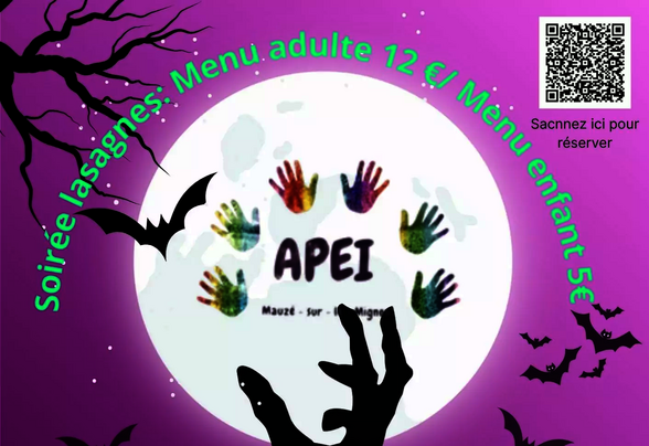 Affiche Halloween Party APEI Mauzé – 1er novembre, salle des fêtes, ouverture 18h, menu lasagnes 12 € adulte / 5 € enfant - Agrandir l'image, fenêtre modale