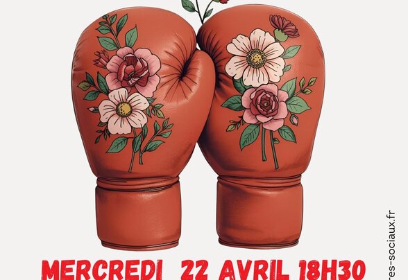 Affiche ornée de gants de boxe fleuris symbolisant le dialogue apaisé — événement à la Maison de quartier de Goise - Agrandir l'image, fenêtre modale