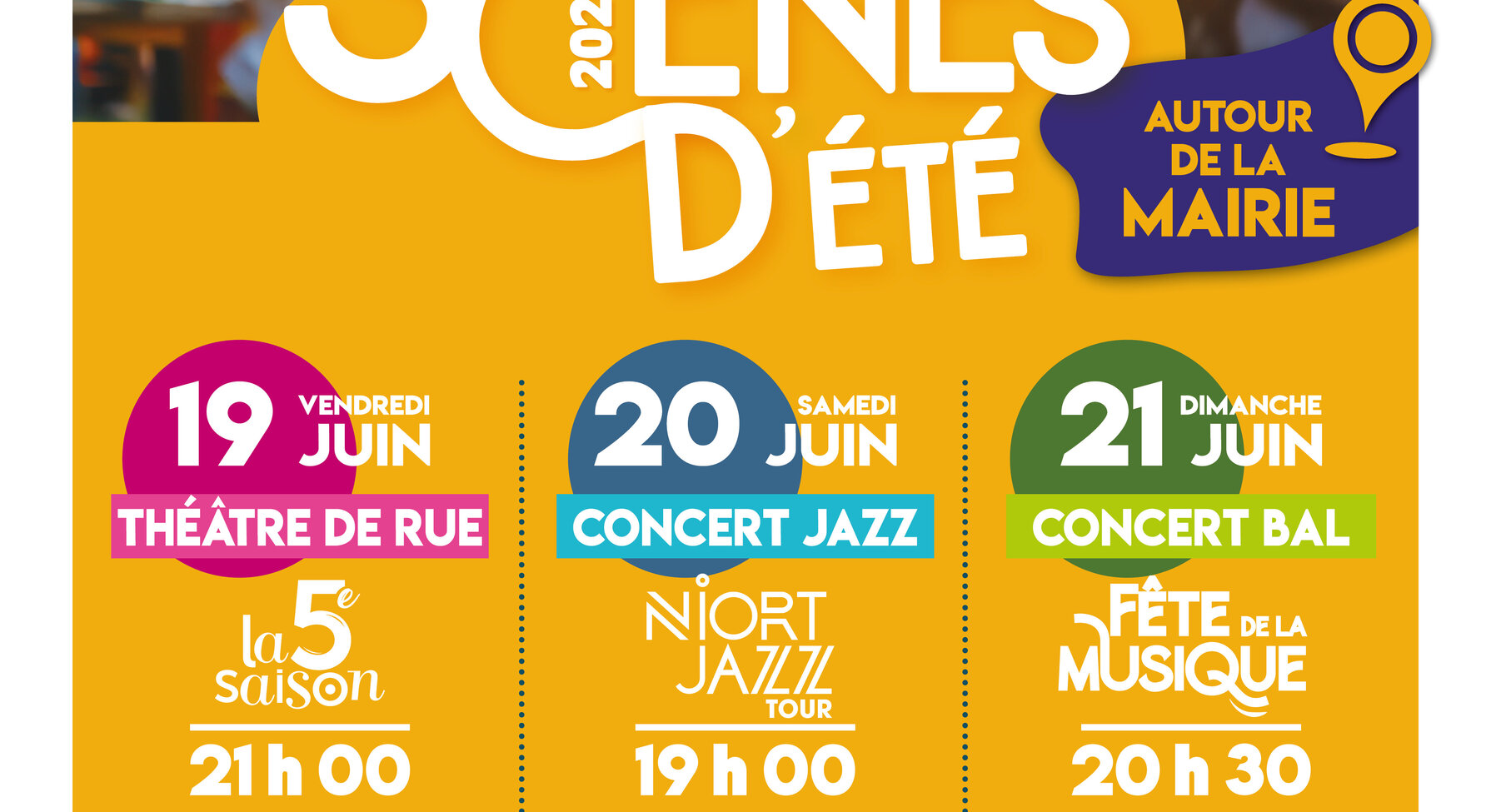 Affiche Scènes d'été 2026 à Chauray – programme des 19, 20 et 21 juin autour de la Mairie
