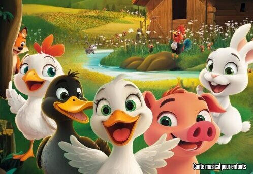 Affiche colorée du spectacle : animaux de ferme animés souriants — canard, poules, lapin, cochon — devant une grange verdoyante - Agrandir l'image, fenêtre modale