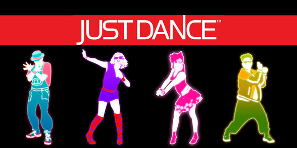 Logo officiel Just Dance avec quatre silhouettes de danseurs aux couleurs néon sur fond noir - Agrandir l'image, fenêtre modale