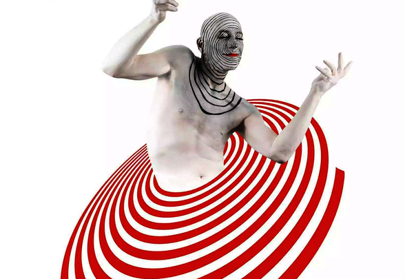 Affiche officielle : danseur en body paint spiralé surgissant d'un tourbillon graphique rouge et blanc, sous-titre Danse Dedans Dehors - Agrandir l'image, fenêtre modale
