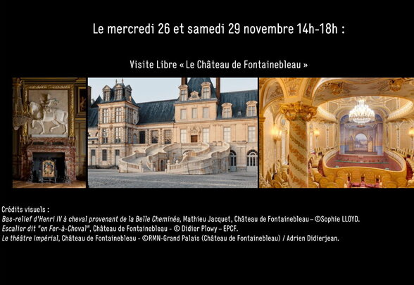 Affiche de visite libre : bas-relief Henri IV, escalier en Fer-à-Cheval et Théâtre Impérial du château de Fontainebleau - Agrandir l'image, fenêtre modale