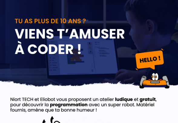 Atelier gratuit pour les plus de 10 ans, de 14h à 16h, avec la mascotte Eliobot, robot de programmation - Agrandir l'image, fenêtre modale