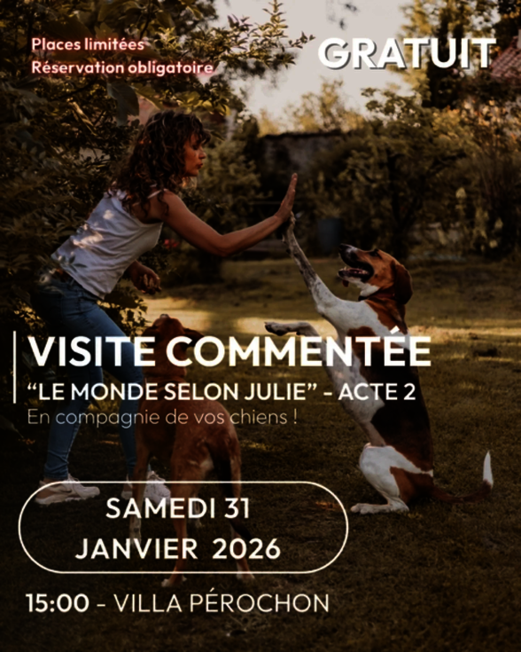 Julie Autin, professeure d'arts plastiques, faisant un high-five avec un chien – visite «Le Monde selon Julie – Acte 2» - Agrandir l'image, fenêtre modale