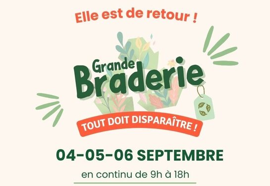 Affiche Grande Braderie Raivalor – 4, 5 et 6 septembre de 9h à 18h, au magasin éphémère rue Henri Sellier