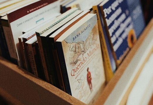 Des livres aux couvertures variées alignés dans des caisses en bois, prêts à être feuilletés et achetés - Agrandir l'image, fenêtre modale