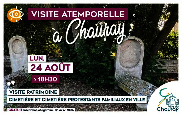 Affiche : stèles funéraires en pierre dans un cimetière – entrée gratuite, inscription obligatoire au 05 49 63 13 86 - Agrandir l'image, fenêtre modale