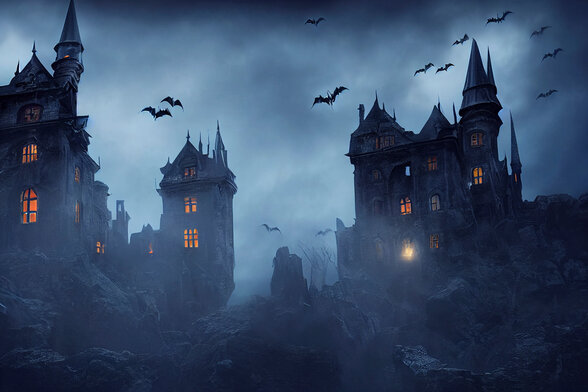 Châteaux hantés aux fenêtres illuminées sous un ciel nocturne brumeux, chauves-souris en vol - Agrandir l'image, fenêtre modale