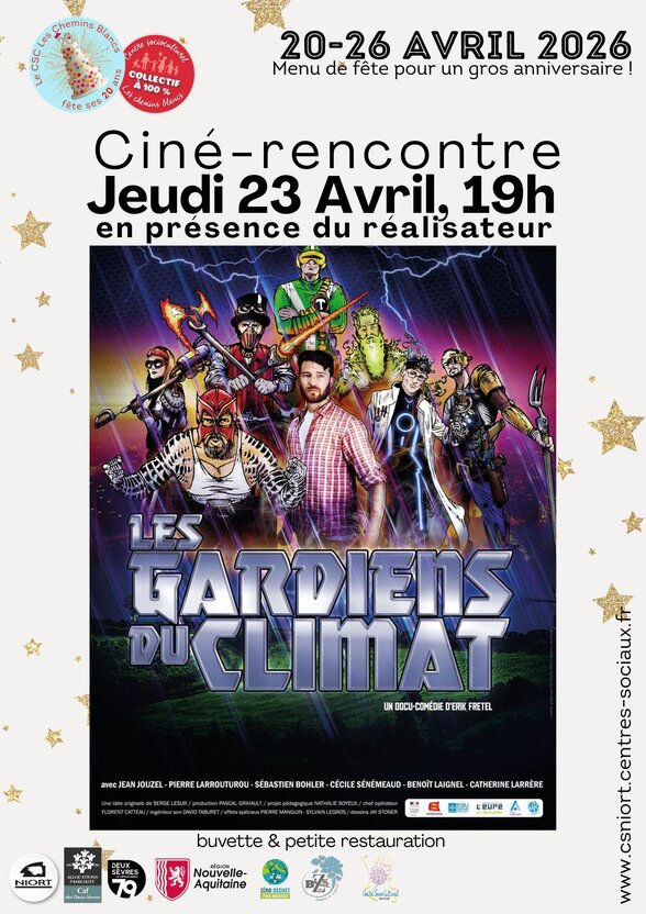 Affiche du film « Les Gardiens du Climat », docu-comédie d'Érik Fretel, projeté le jeudi 23 avril 2026 à 19h - Agrandir l'image, fenêtre modale