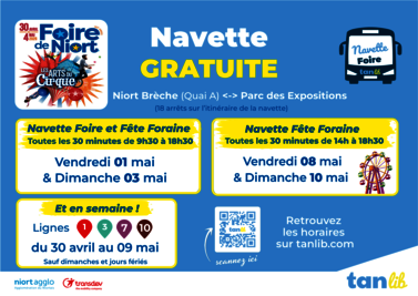 Horaires complets des navettes Tanlib gratuites pour la Foire de Niort du 30 avril au 10 mai 2026