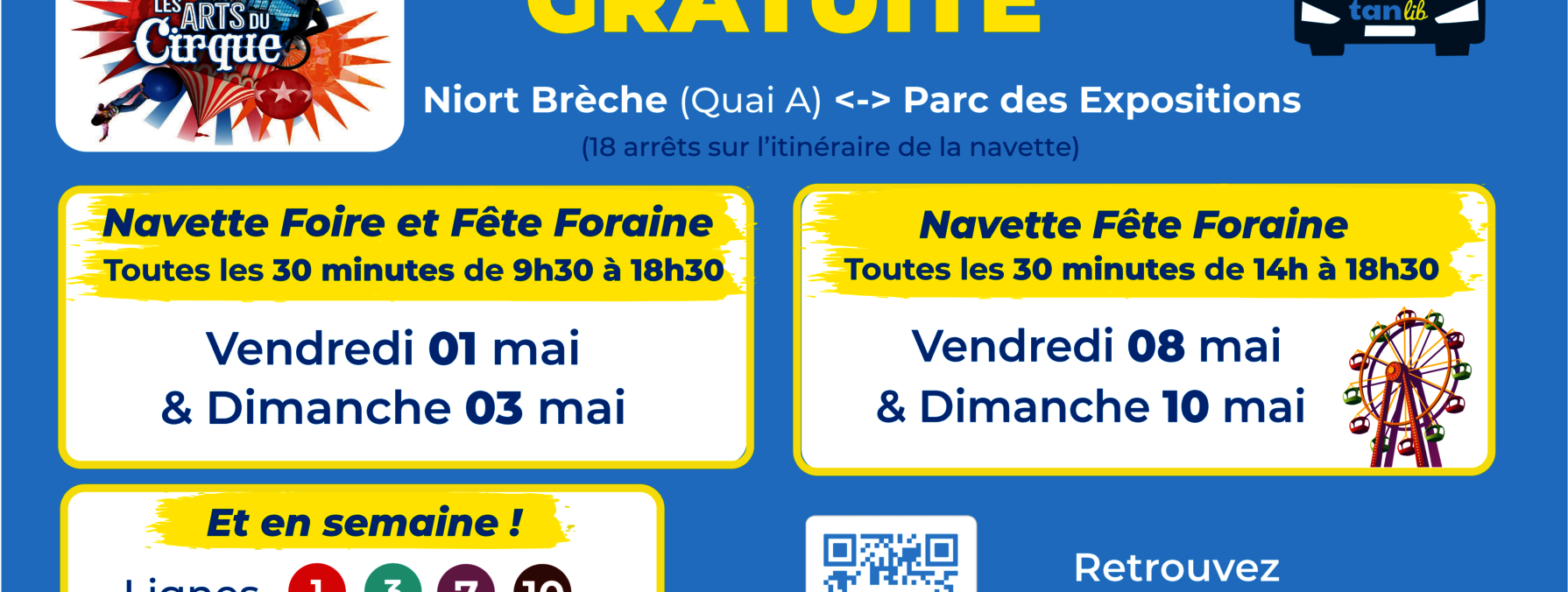 Horaires complets des navettes Tanlib gratuites pour la Foire de Niort du 30 avril au 10 mai 2026