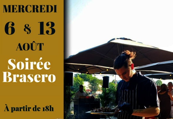 Cuisinier en tablier préparant des grillades et légumes sur un grand brasero fumant. Réservations au 05-37-02-15-20 - Agrandir l'image, fenêtre modale