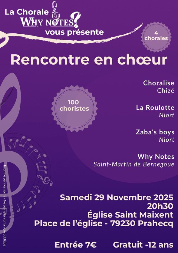Affiche « Rencontre en chœur » : 4 chorales, 100 choristes, entrée 7 €, gratuit pour les moins de 12 ans - Agrandir l'image, fenêtre modale
