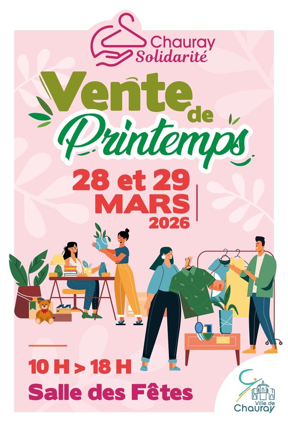 Affiche Chauray Solidarité — vente de printemps 28 et 29 mars 2026, de 10h à 18h, salle des Fêtes - Agrandir l'image, fenêtre modale