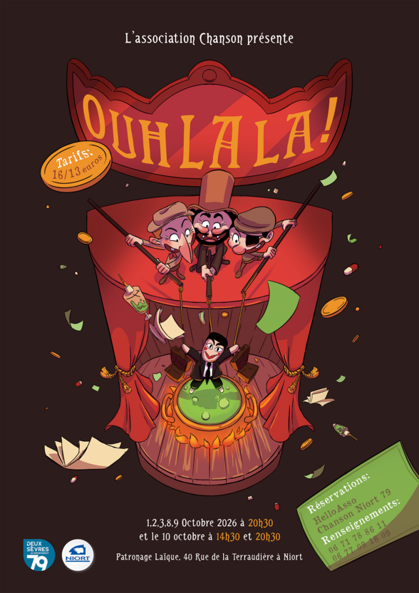 Affiche du spectacle Ouh La La ! de l'association Chanson, illustration humoristique avec personnages de théâtre