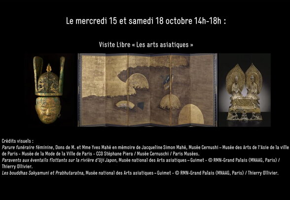 Affiche de l'événement présentant trois œuvres asiatiques : parure funéraire dorée, paravent japonais et sculpture bouddhiste - Agrandir l'image, fenêtre modale