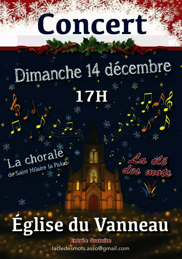 Affiche du concert de Noël : dimanche 14 décembre à 17h, Église du Vanneau, avec la chorale de Saint-Hilaire-la-Palud - Agrandir l'image, fenêtre modale