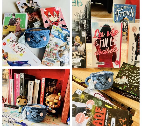 Mangas et romans pour ados disposés sur une table et une étagère rouge, accompagnés de figurines et de créations au crochet. - Agrandir l'image, fenêtre modale