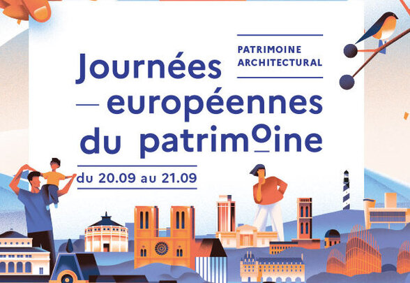 Affiche officielle des JEP 2025 – thème Patrimoine architectural, du 20 au 21 septembre, monuments français illustrés - Agrandir l'image, fenêtre modale