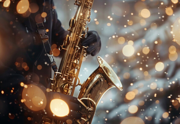 Saxophone doré en gros plan joué sous des flocons de neige, halos lumineux dorés en arrière-plan - Agrandir l'image, fenêtre modale