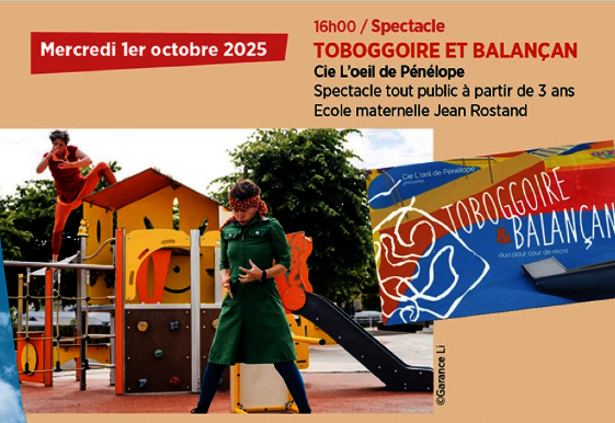 Deux artistes en jeu dans une cour de récréation – Cie L'œil de Pénélope, mercredi 1er octobre 2025 à 16h, école maternelle Jean Rostand - Agrandir l'image, fenêtre modale