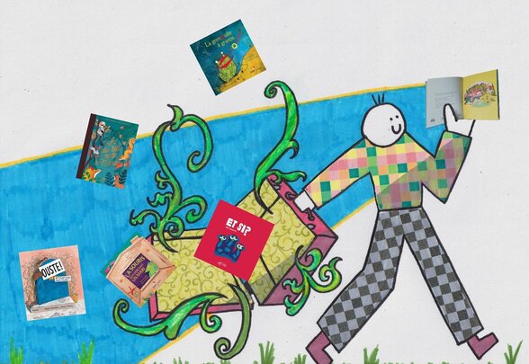 Personnage coloré portant une valise ouverte d'où s'envolent plusieurs albums jeunesse - Agrandir l'image, fenêtre modale