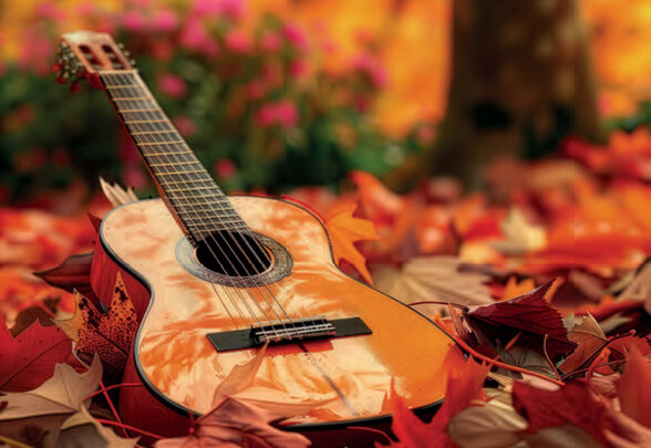 Guitare acoustique posée sur un tapis de feuilles d'automne dans un jardin fleuri aux couleurs chaudes - Agrandir l'image, fenêtre modale