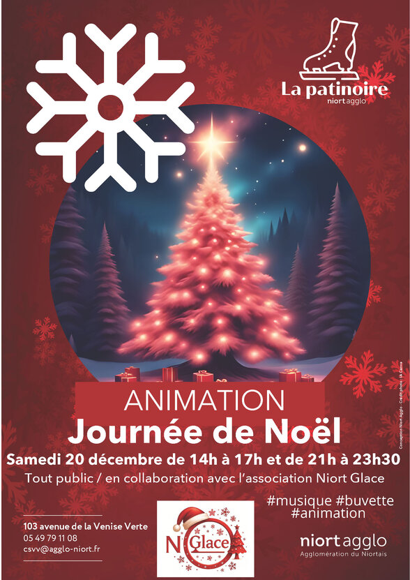 Affiche Journée de Noël à La Patinoire Niort Agglo – sapin illuminé, cadeaux, logos N'Glace et Niort Agglo, samedi 20 décembre