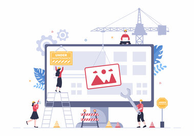 Software System Under Maintenance Vector Illustration. Error Website, Development and Update Webpages on Mobile Application For Poster Template Site internet en construction
