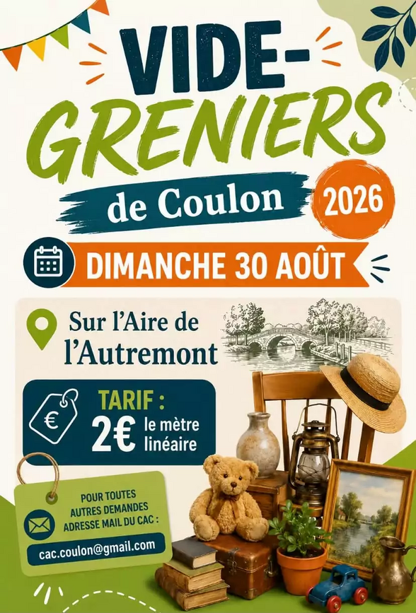 Affiche du Vide-greniers de Coulon 2026, dimanche 30 août, sur l'Aire de l'Autremont