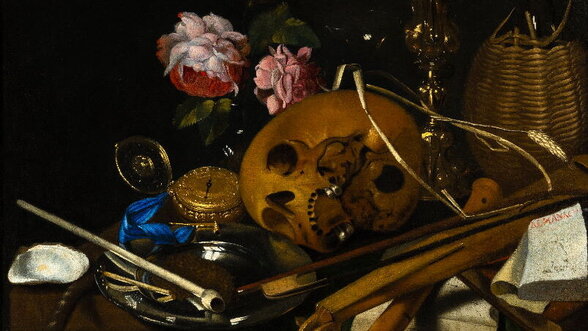 Tableau Vanité : crâne, roses, bulles de savon, coupe dorée et partition, symboles de la fugacité du temps - Agrandir l'image, fenêtre modale