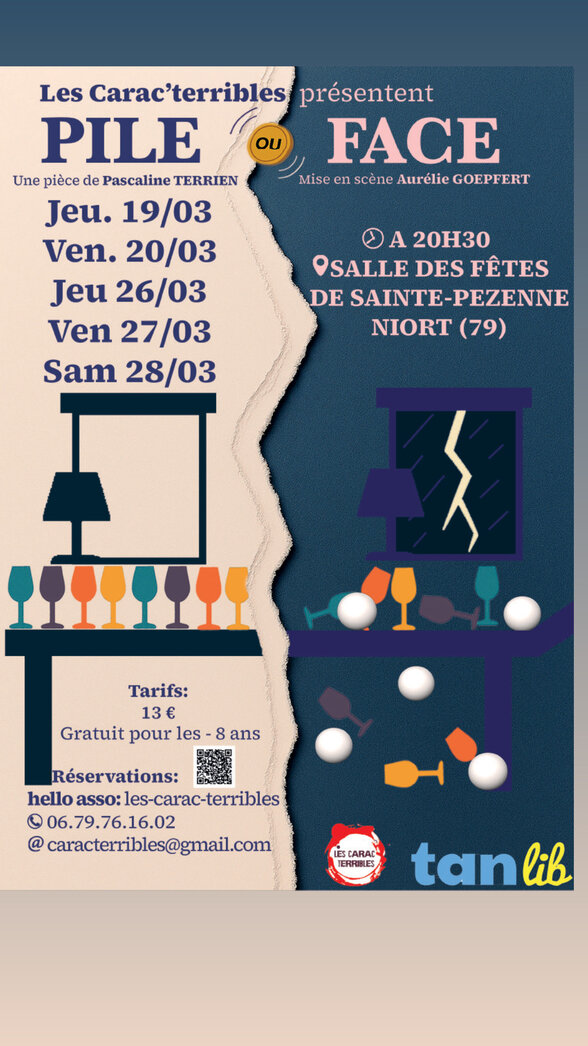 Affiche Les Carac'terribles : représentations du 19 au 28 mars à 20h30, Salle des Fêtes de Sainte-Pezenne, Niort — 13 € - Agrandir l'image, fenêtre modale