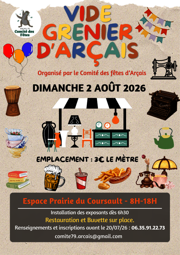 Affiche du Comité des fêtes d'Arçais : installation des exposants dès 6h30, Espace Prairie du Coursault - Agrandir l'image, fenêtre modale