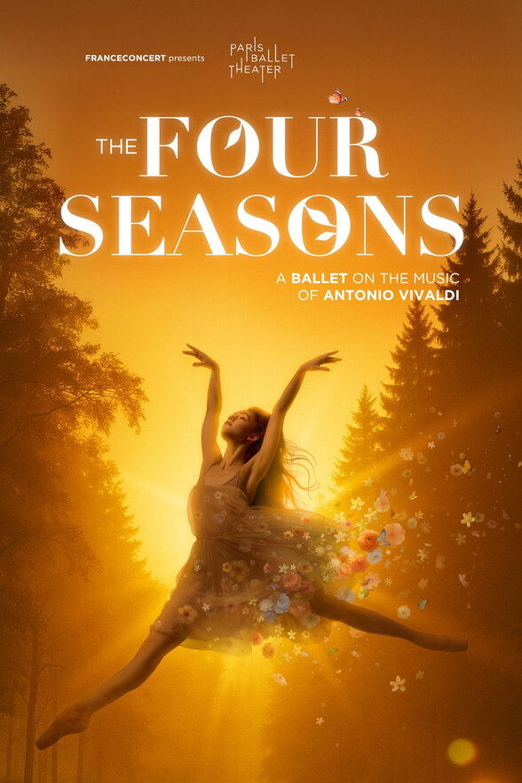 Affiche officielle du spectacle : danseuse en grand jeté entourée de fleurs dans une forêt dorée — Paris Ballet Theater - Agrandir l'image, fenêtre modale