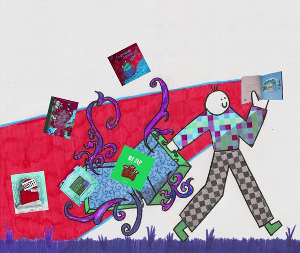 Personnage joyeux entouré de livres jeunesse colorés s'envolant dans une composition graphique vivante - Agrandir l'image, fenêtre modale